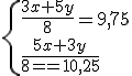 3$ \{{\frac{3x+5y}{8}=9,75 \\ \frac{5x+3y}{8}=10,25